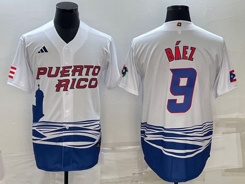 Men 2023 World Cub 9 Baez White MLB Jersey8